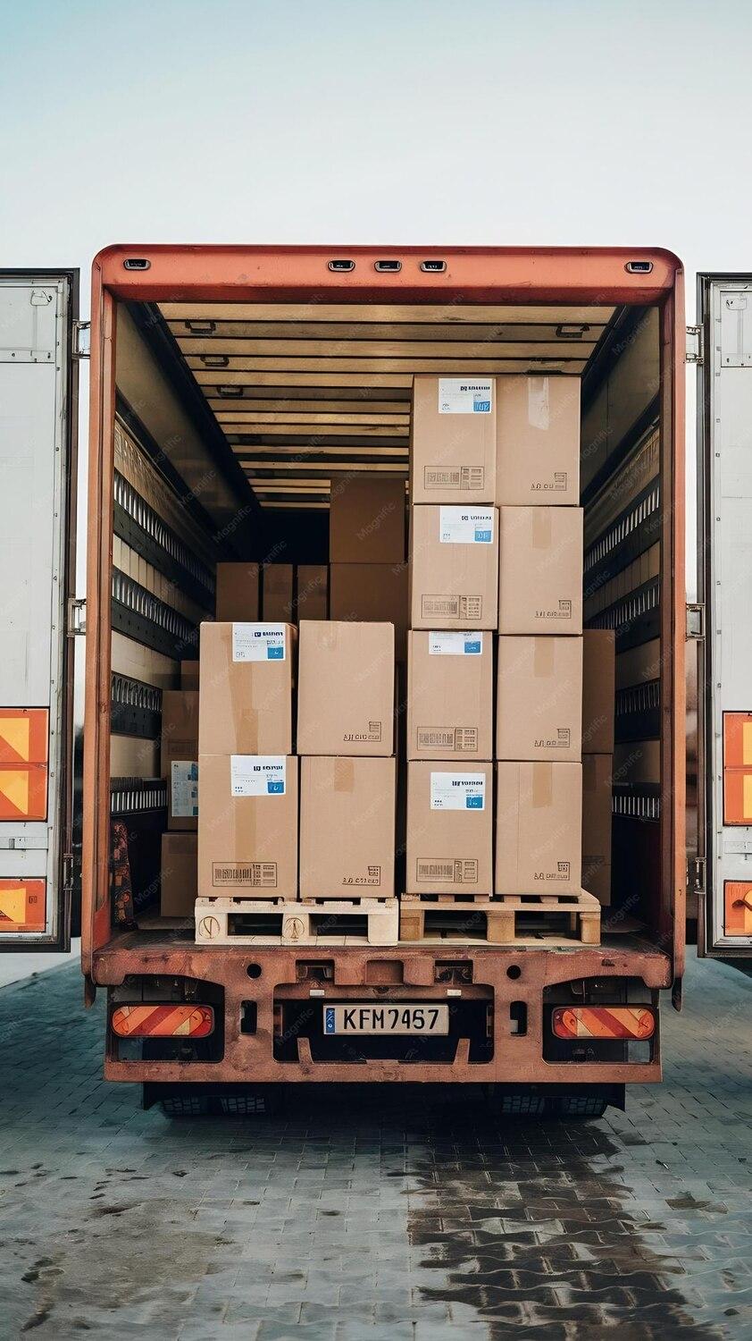 Open truck trailer loaded with boxed pallets from several shipments